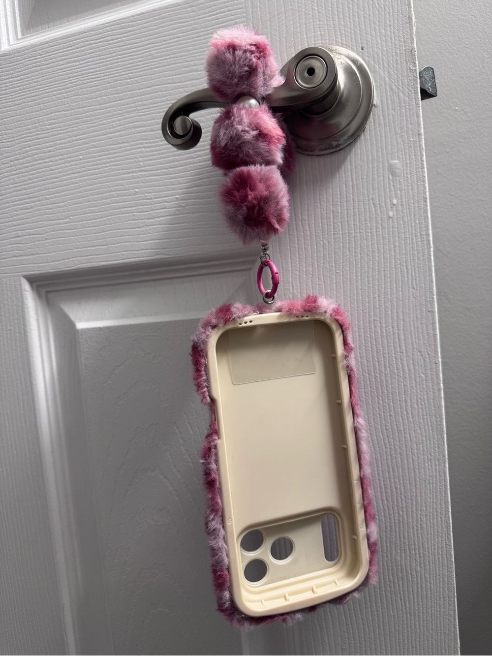 Plush Pink Fuzzy Phone Case with Pom-Pom Wrist Strap - Brand Unspecified